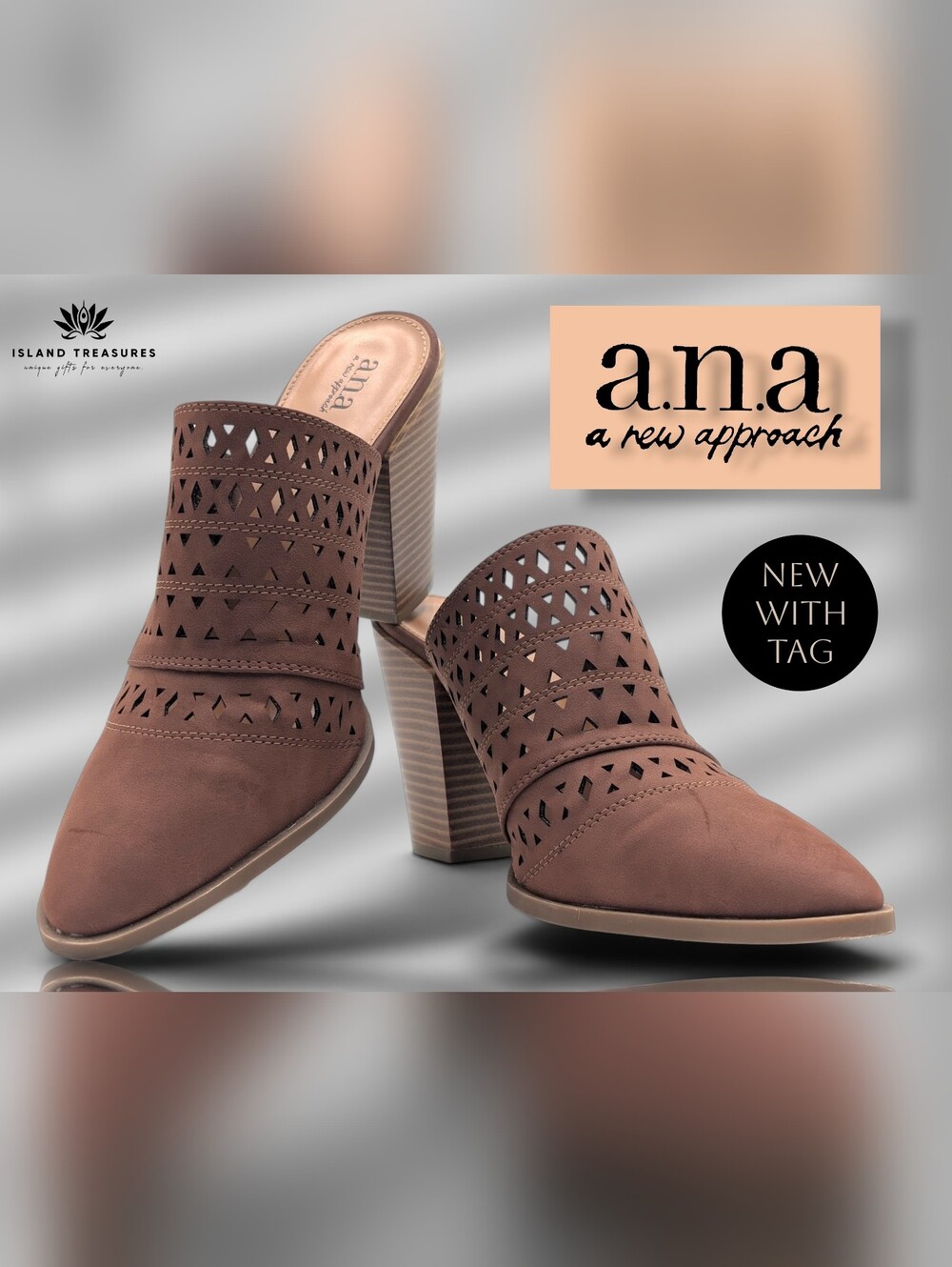 NWT a.n.a Hiro Size 11 Perforated Cutout Mules Brown Synthetic Suede Block Heel